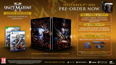 Lojë për Xbox Series X, Focus Entertainment, Warhammer 40,000: Space Marine 2 Gold Edition, PEGI 18, paketë me Season Pass + steelbook booklet