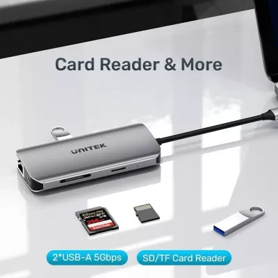 Hub UNITEK USB-C, 2x HDMI 4K, RJ45, PD 100W, Gri