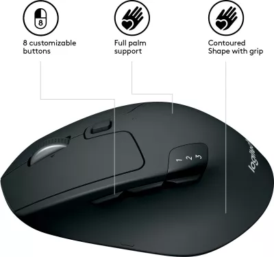 Maus Logitech M720 Triathlon, Djathtas, Optik, RF Wireless + Bluetooth, 1000 DPI, Zi, Bardhë