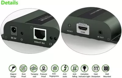 Odbiornik Techly 361865 për extender HDMI 1080p 60Hz HDBitT deri 120m me skrëtce Cat6, IR, i zi