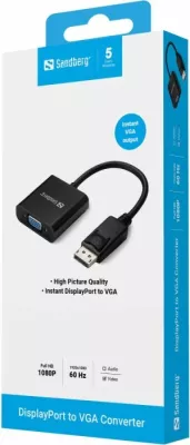 adapter DisplayPort në VGA SANDBERG 508-43, konvertues audio/video, i zi