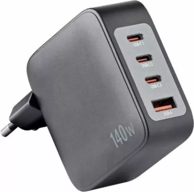 Karikues GaN INTENSO 7814010 140W 3xUSB-C + 1xUSB-A, kabllo USB-C në USB-C 2m 5A e përfshirë, e zezë (set)