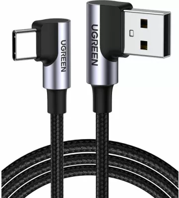 Kabllo USB-A në USB-C UGREEN 20857, 2m, 90° (right-angle), karikim i shpejtë 18W, 480Mbps, e thurur, e zezë
