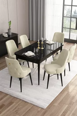 Set tavoline me karrige për ngrënie, zgjatës, 7 copë, Skye Decor, ngjyrë mermeri të zi, krem