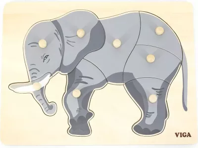 Puzzle druri Montessori me kunja, Viga Elephant, 30x22.5 cm, 18+ muaj, shumëngjyrësh