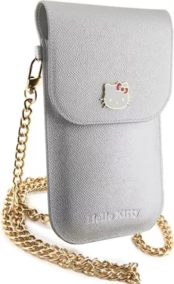 Mbështjellës Hello Kitty Leather Metal Logo Chain për celular, lëkurë artificiale, argjend