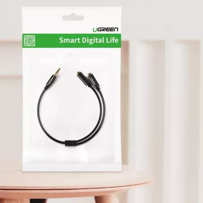 Adapter audio UGREEN 20816 3.5mm mashkull në 2x 3.5mm femër, 25cm, i zi, polybag