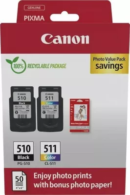 Set kartrixhe boje Canon PG-510/CL-511 Photo Value Pack, 1x Black + 1x Color, 50 fletë letër foto 10x15 cm, CMYK