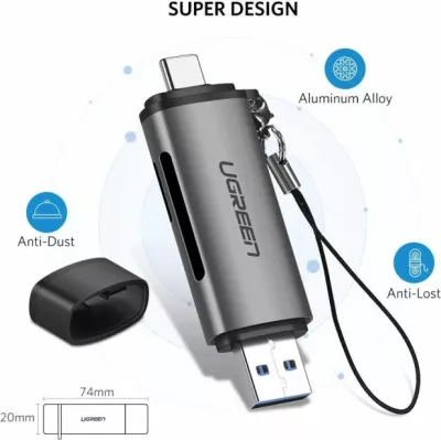 Lexues kartelash UGREEN 50706 2-në-1 USB 3.0/USB-C, deri 5Gbps, SD/microSD, argjendtë, në kuti