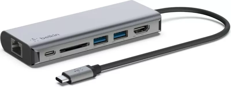 Adapter multiport Belkin AVC008BTSGY, USB-C, 100W, HDMI, RJ-45, SD, 2x USB-A, 1x USB-C, zi/gri