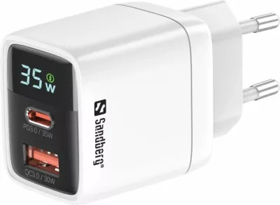 Karikues SANDBERG 2n1 441-52, 35W PD/QC3.0, 1xUSB-C + 1xUSB-A, GaN III, me ekran, i bardhë