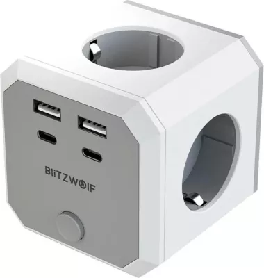 Kasë BlitzWolf BW-EC2 8-në-1, 4xAC, 2xUSB-A, 2xUSB-C, e bardhë
