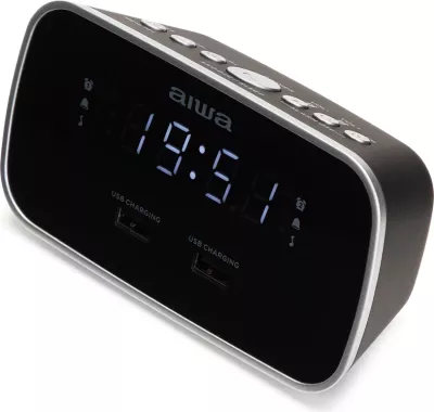 Orë alarmi me radio Aiwa CRU-19BK, FM/PLL, 2 alarme, 2x USB karikim, AUX In, ekran LED i zbehshëm, e zezë