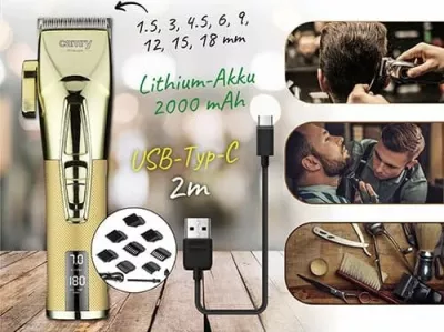 Makinë qethje Camry CR 2835G, 8 nivele 1.5-18 mm, teh qeramik & kokë titaniumi, bateri, USB-C, gold