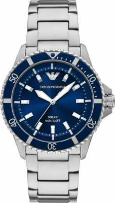 Orë dore meshkujsh Emporio Armani World Explorer AR11697, argjendtë/kaltër, me kuti