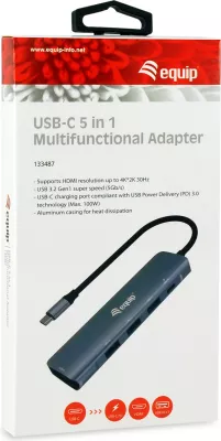 Adapter multifunksional USB-C 5-në-1 Equip, HDMI, USB 3.2 Gen1, 100W PD, alumini, zi/gri