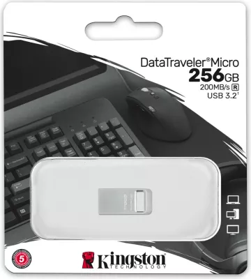 USB Kingston DataTraveler Micro 256GB, USB 3.2, metal, silver