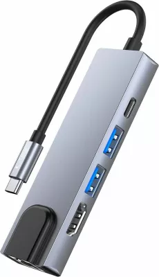 HUB Tech-Protect V3 5in1, USB-C, USB-A 3.0, USB-A 2.0, USB-C, HDMI, RJ45, Gri