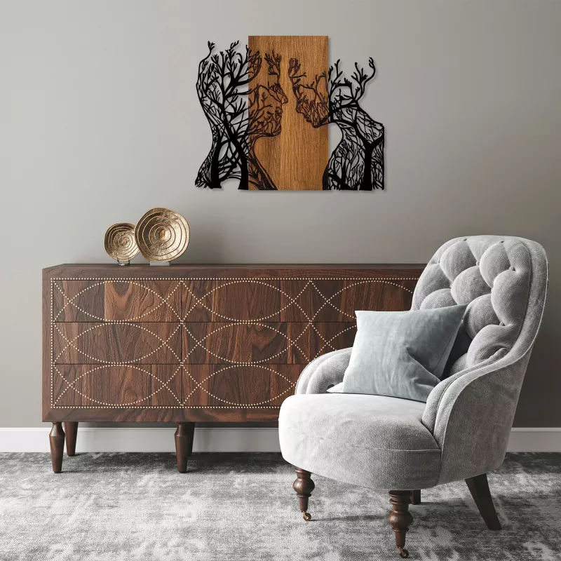 Aksesor dekorativ për mur, dru dhe metal, grua dhe burrë, ngjyrë arre dhe e zezë, 58x70cm