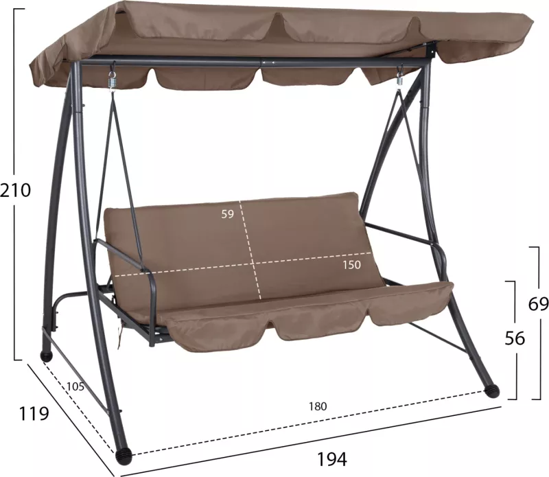 Shilte për verandë, 3-vendëshe, LIKID, FH5980.02, kornizë metalike, ngjyrë gri, pëlhurë ngjyrë kafe e çelur, 200x120x164H cm