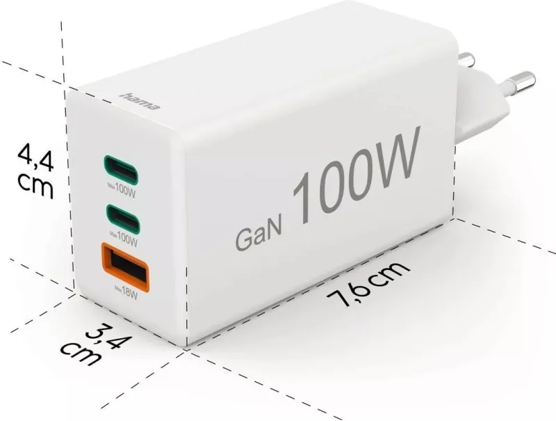 Karikues Hama mini 100W GaN PD/QC 2x USB-C, 1x USB-A bardhë