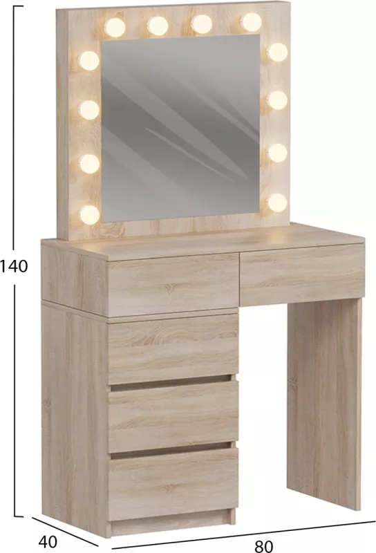 Tavolinë grimi me drita LED dhe sirtarë, BEYON FH2500.01, melaminë, ngjyrë sonama, 80x40x140H cm