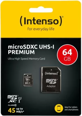 Kartelë memorje microSDXC Intenso UHS-I Premium 64GB Class 10 deri 45MB/s, e zezë, me adapter SD