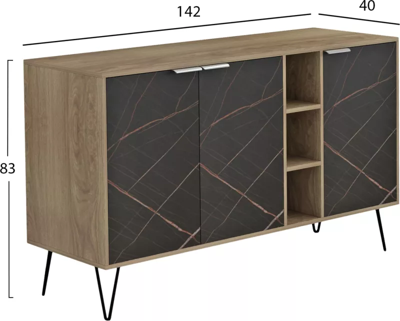 Bufe CABRON FH8874.12 melaminë në ngjyrë Sonama-mermer i zi dhe këmbë metalike të zeza 142x40x83H cm