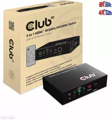Switch HDMI Club3D CSV-1381, 3 në 1, 8K60Hz, me telekomandë, i zi