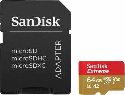 Kartelë memorje microSDXC SanDisk Extreme SDSQXAH-064G-GN6AA 64GB 170MB/s 80MB/s A2 U3 V30 C10, e kuqe/ari, set me adapter SD