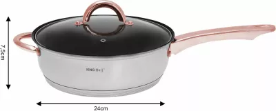 Set tenxheresh dhe tigan inox KingHoff KH 1768, 12 copë, për induksion, kapakë xhami, argjend me aksente rozë-ari