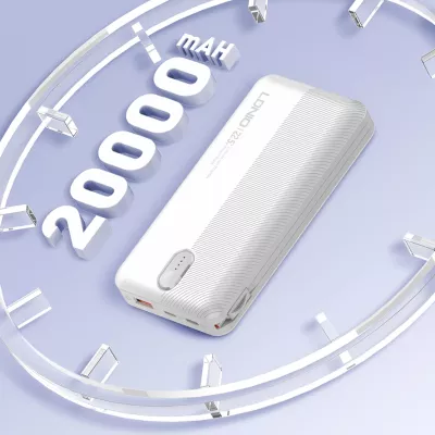 Power bank LDNIO PQ24 20000mAh 22.5W me 1x USB-A + kabllo të integruara USB-C/Lightning (1C1L), bardhë