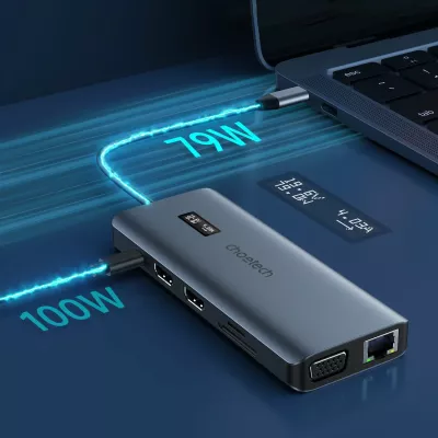 HUB multifunksional Choetech HUB-M26, 12-në-1, USB-C, HDMI, VGA, RJ45, Gri