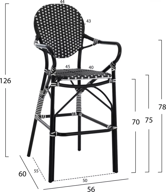 Karrige për bar alumini, pamje bambuje, me thurje, ngjyrë zezë dhe bardhë, FH5794.02, 56x60x126 cm