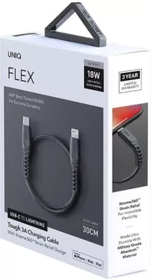 Kabllo UNIQ Flex USB-C në Lightning, 30cm, 18W, najlon, Gri