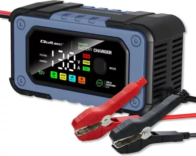Karikues baterie Qoltec 52486, 12V, 7A, me funksion riparimi, LED, i zi/blu