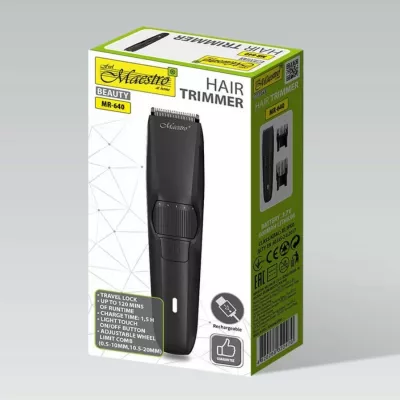 Trimmer flokësh dhe mjekre Feel-Maestro MR-640, bateri 600 mAh 120 min, rregullim 0.5–20 mm me 10 pozicione, USB-C, përdorim i thatë, i zi, set me 2 krehra
