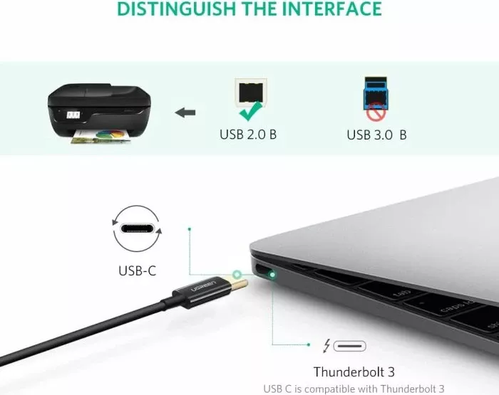 Kabllo printeri UGREEN 50446 USB-C në USB-B 2.0 2m, e zezë, polybag thumbnail 2