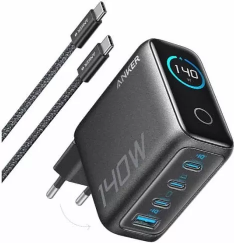 Karikues ANKER B2697 140W GaN, 4 porta (3x USB-C + USB-A), PD 3.1, me ekran, kabllo USB-C 1.5m, Dark Gray