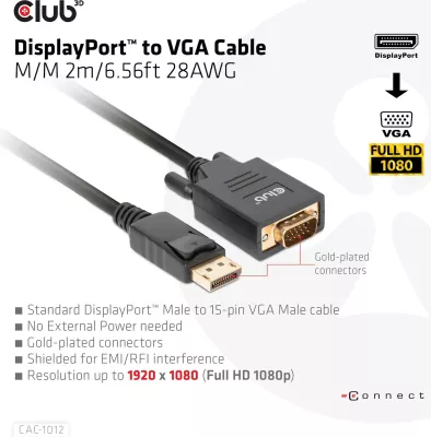 Kabllo DisplayPort në VGA Club3D 2m, e zezë