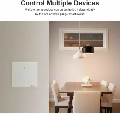 Switch muri smart SONOFF T1EU2C-TX, Wi-Fi + RF433, 2-kanal, EU, i bardhë