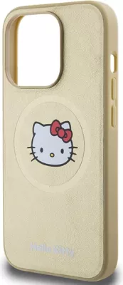 Mbështjellës Hello Kitty Leather Kitty Head MagSafe për iPhone 15 Pro Max, lëkurë artificiale, ari