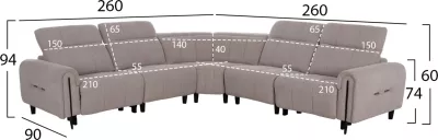 Këndore e madhe me 5 pjesë, 2 ulëse me recliner elektrik, ngjyrë bezhë, ORACLE FH3290.02, 293x293x98cm