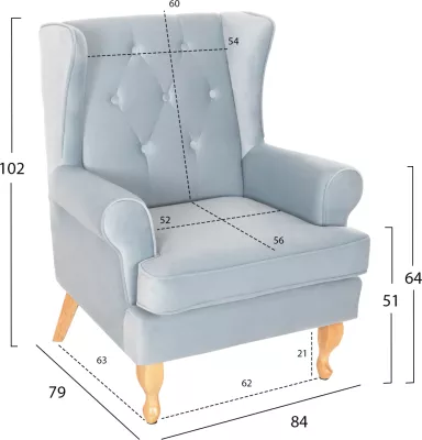 Bergere BRANDON, kadife baby blue, këmbë druri natyral, FH3073.31, 82,5x80x104 cm
