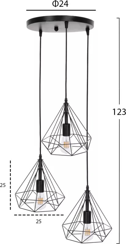 Llampë varëse tavani, FH4041, 3-drita, metal i zi, 25x22x123Hcm