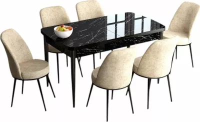 Tavolinë me karrige për ngrënie, e zgjatshme, 7 copë, Skye Decor, Han, mermer i zi, krem