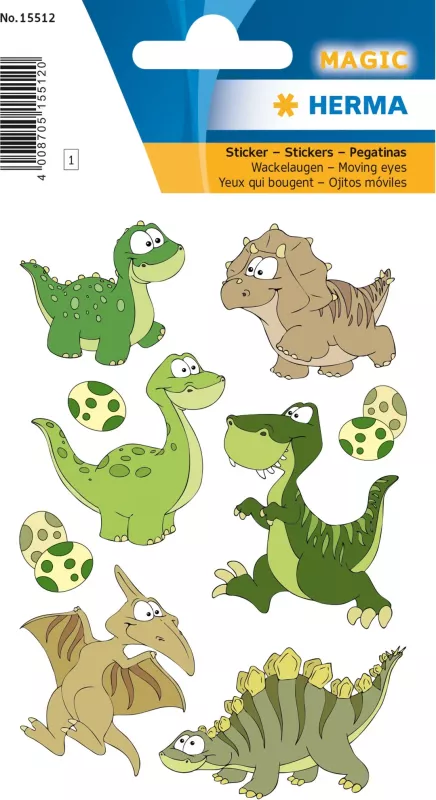 Ngjitësa plastikë HERMA 15512, dinosaur, 9 copë, shumëngjyrësh