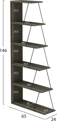 Raft librash MINI TARS FH2241.13, melaminë gri ulliri, shufra metali të zeza, 65x22-24x146H cm