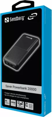 Powerbank Sandberg Saver 320-42 20000 mAh, PD 20W, USB-C + 2x USB-A, e zezë, set me kabllo USB-C