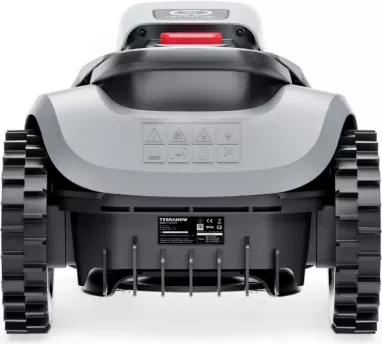 Robot kositës bari TERRAMOW V1000, 1200 m², AI TerraVision 2.0 (3 kamera), Wi‑Fi/4G, IPX6, gri, set me stacion karikimi